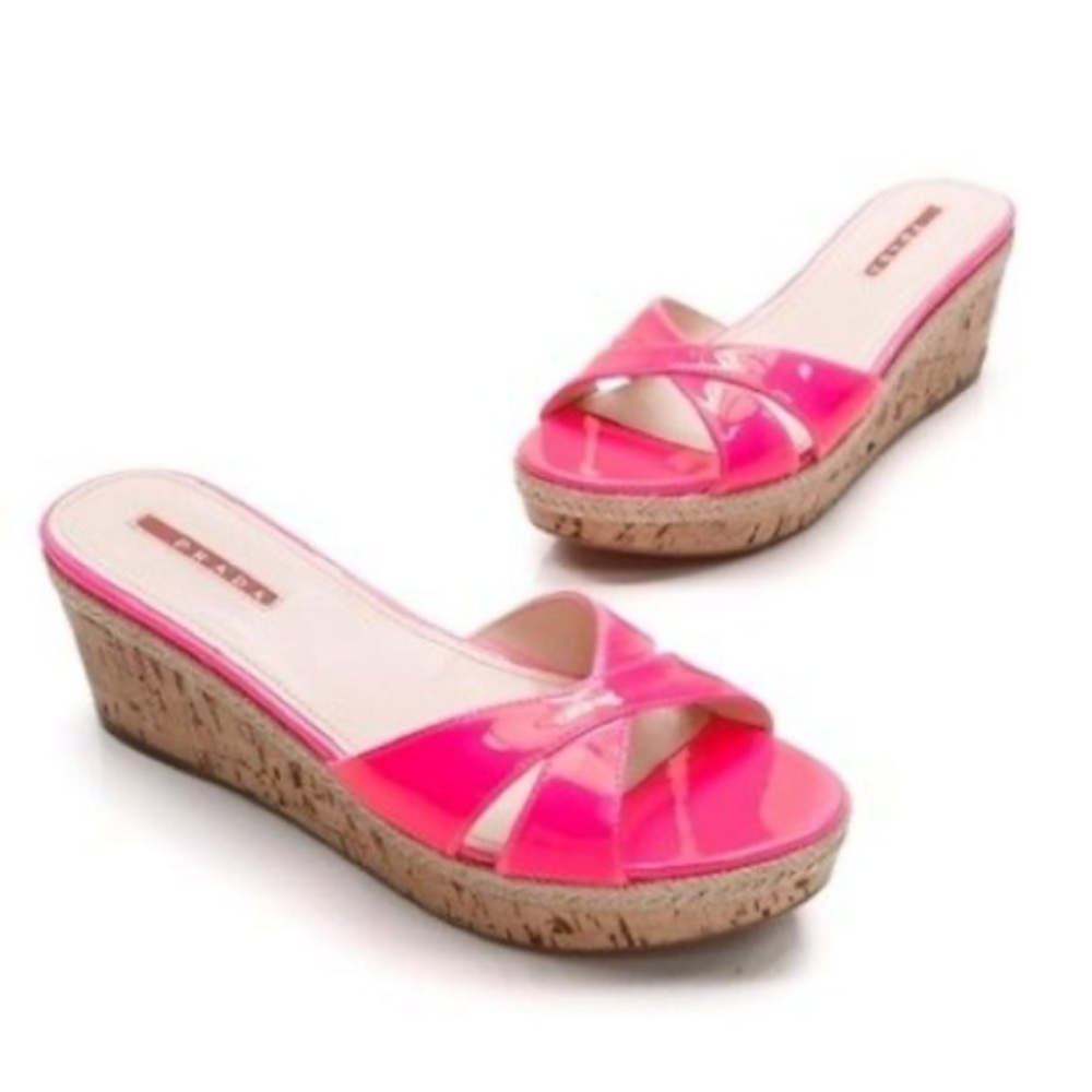 Prada Hot Pink Platform Cork Wedges Sandals